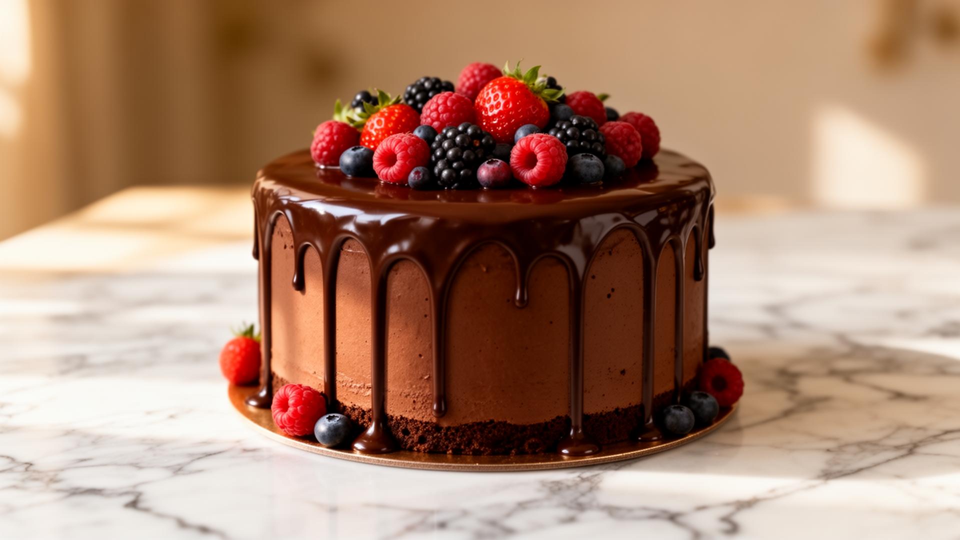 Bolo de chocolate com frutas vermelhas